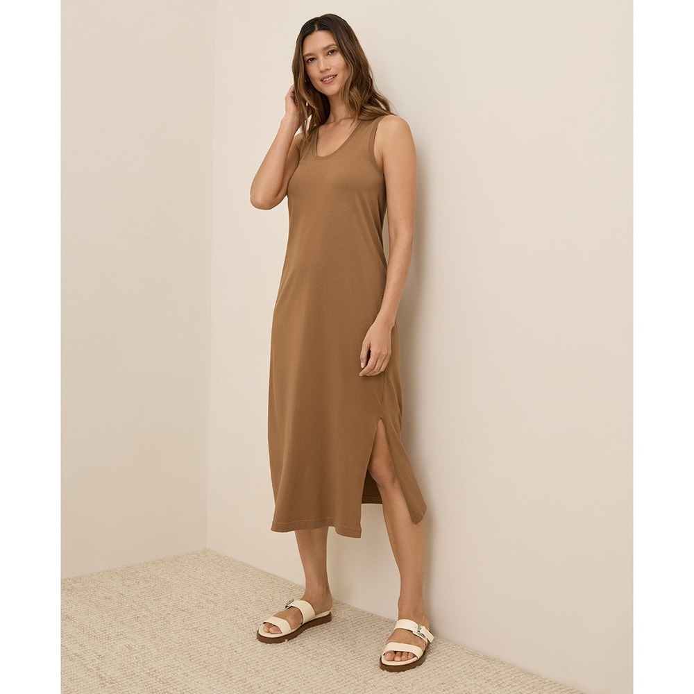 PACT Organic Cotton Everyday Tank Maxi Dress Size S Camel Brown Scoop Neck